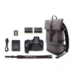 Kit Canon EOS R6 Mark II con zaino, scheda SD, batteria di ricambio Kit Canon EOS R6 Mark II con mochila, tarjeta SD y batería de repuesto
