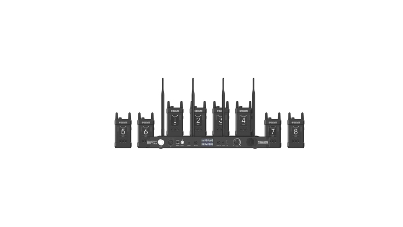 Sistema intercom wireless full duplex Hollyland Syscom 1000T con stazione base e 8 trasmettitori con cuffie